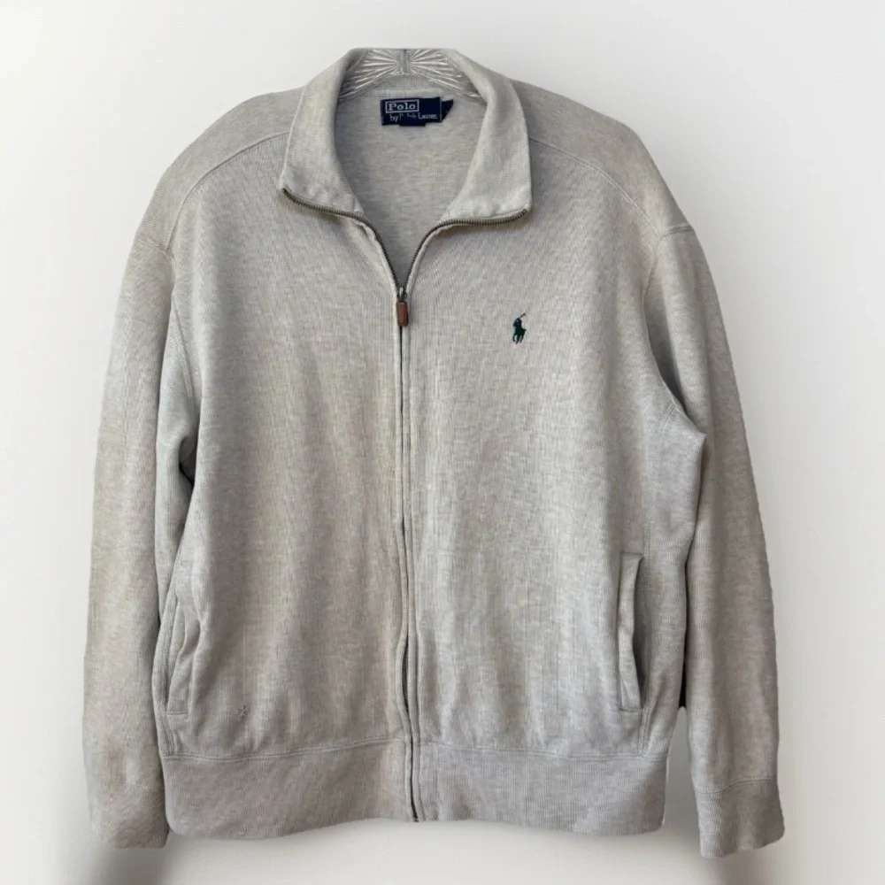 Polo Ralph Lauren Mens Cream Tan Heathered Sweater Jacket Large Pony Logo Preppy